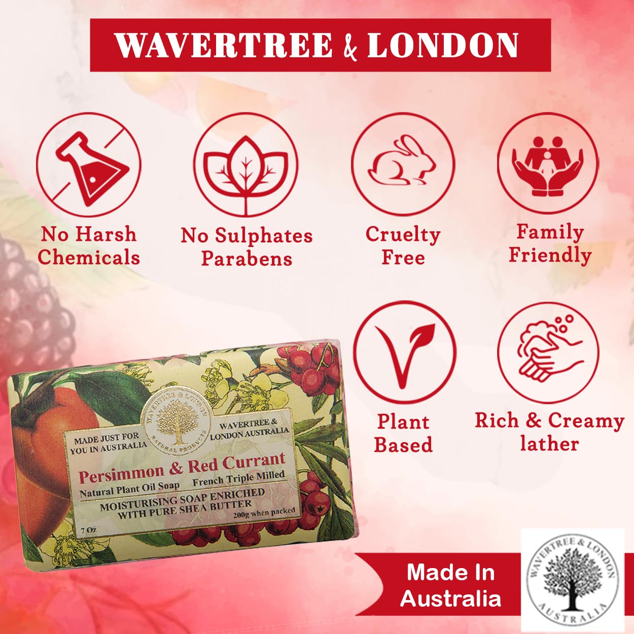 Wavertree & London Persimmon & Red Currant Scented Natural Soap Bars (2 Bars), 7 oz Moisturizing French Triple Milled Soap Bars enriched with shea butter, Plant Oil Bath & Body Soap for Women & Men