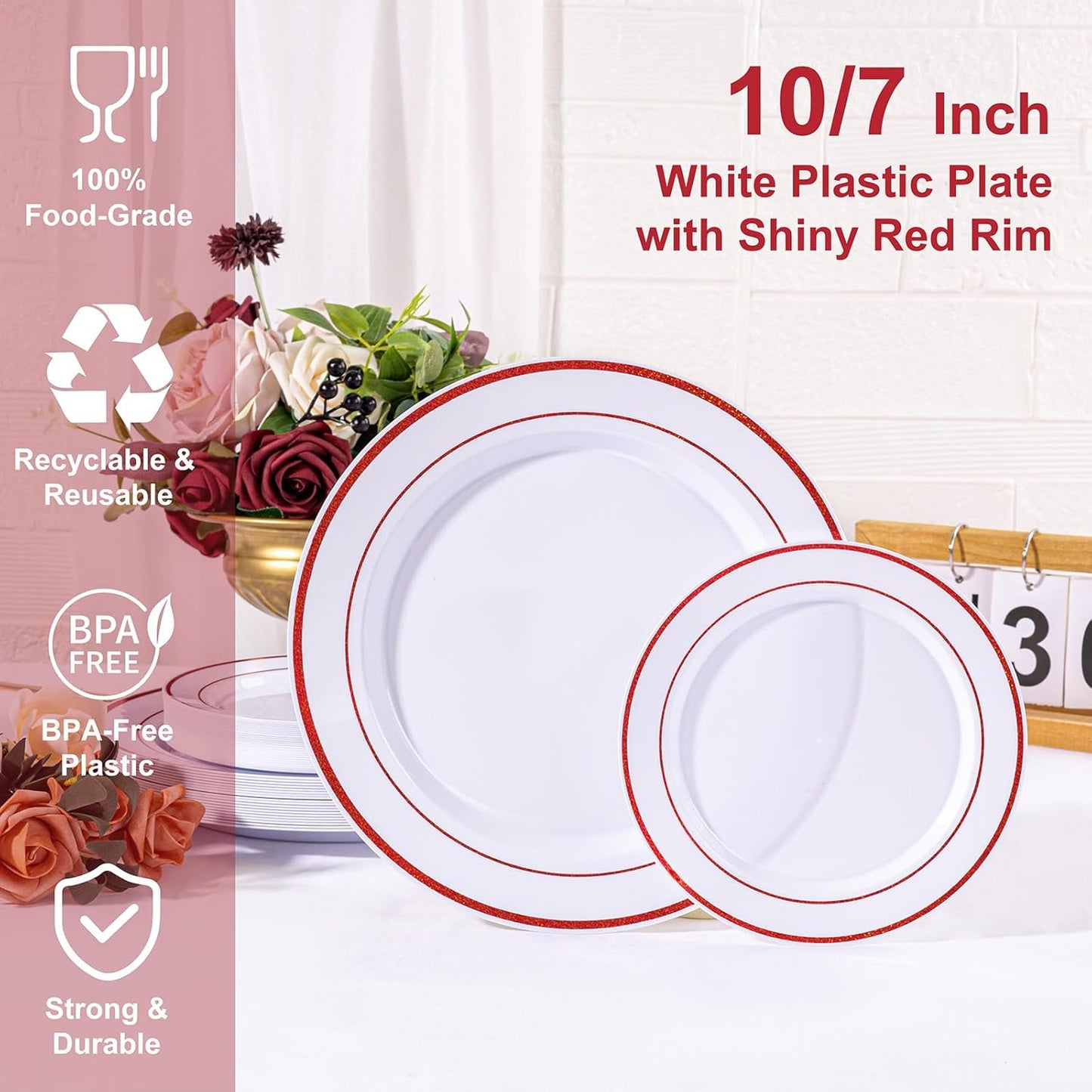 U-QE 100pcs Glitter Red Plastic Plates for Party - White Plates Disposable Heavy Duty - Include 50 10" Dinner and 50 7" Dessert Plate, Perfect for Party, Wedding(Glitter Red)