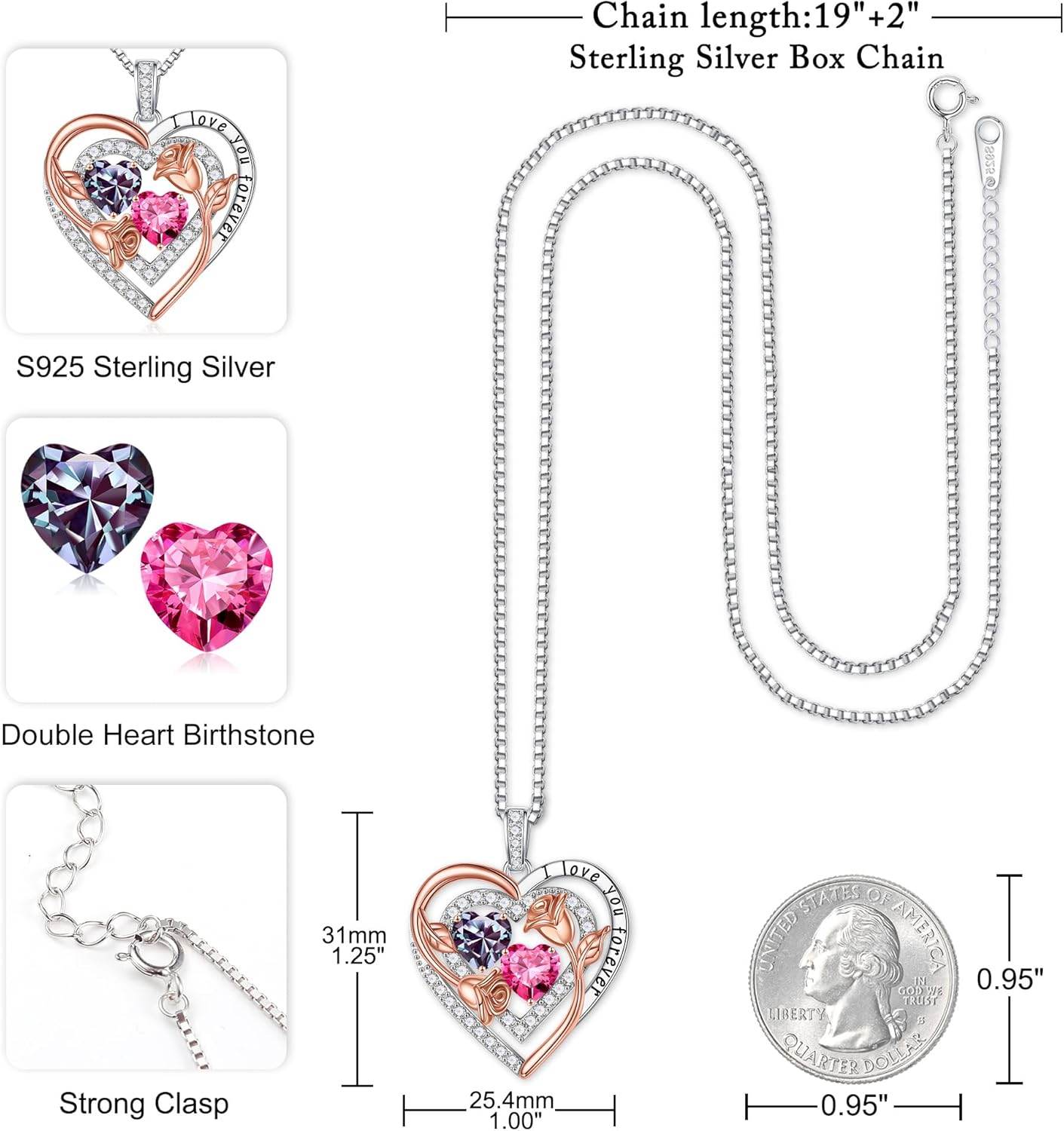 Iefil Birthstone Necklace for Women - Sterling Silver Birthstone Necklace Anniversary Birthday Gifts for Her Wife Mom Daughter