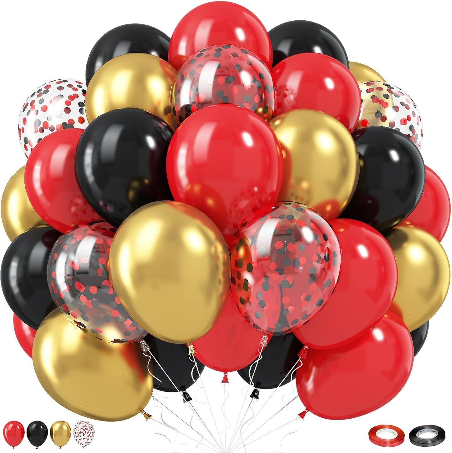 Red Gold Black Balloons, 60pcs 12 Inch Black Red Balloon Set with Metallic Chrome Gold Red Black Confetti Balloon Latex Helium Party Balloons for Graduation Birthday Wedding Bridal Shower Decorations