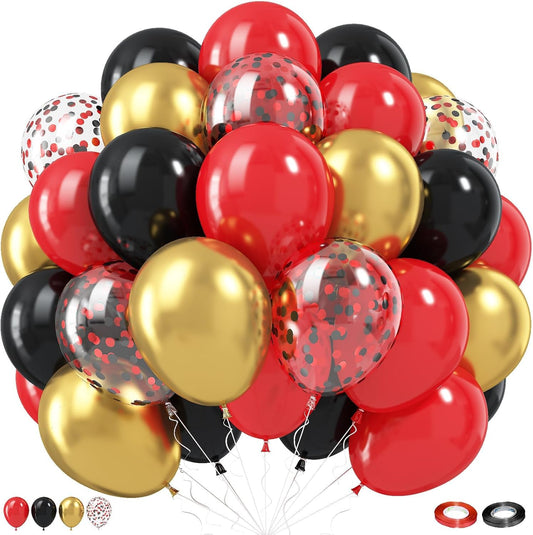 Red Gold Black Balloons, 60pcs 12 Inch Black Red Balloon Set with Metallic Chrome Gold Red Black Confetti Balloon Latex Helium Party Balloons for Graduation Birthday Wedding Bridal Shower Decorations