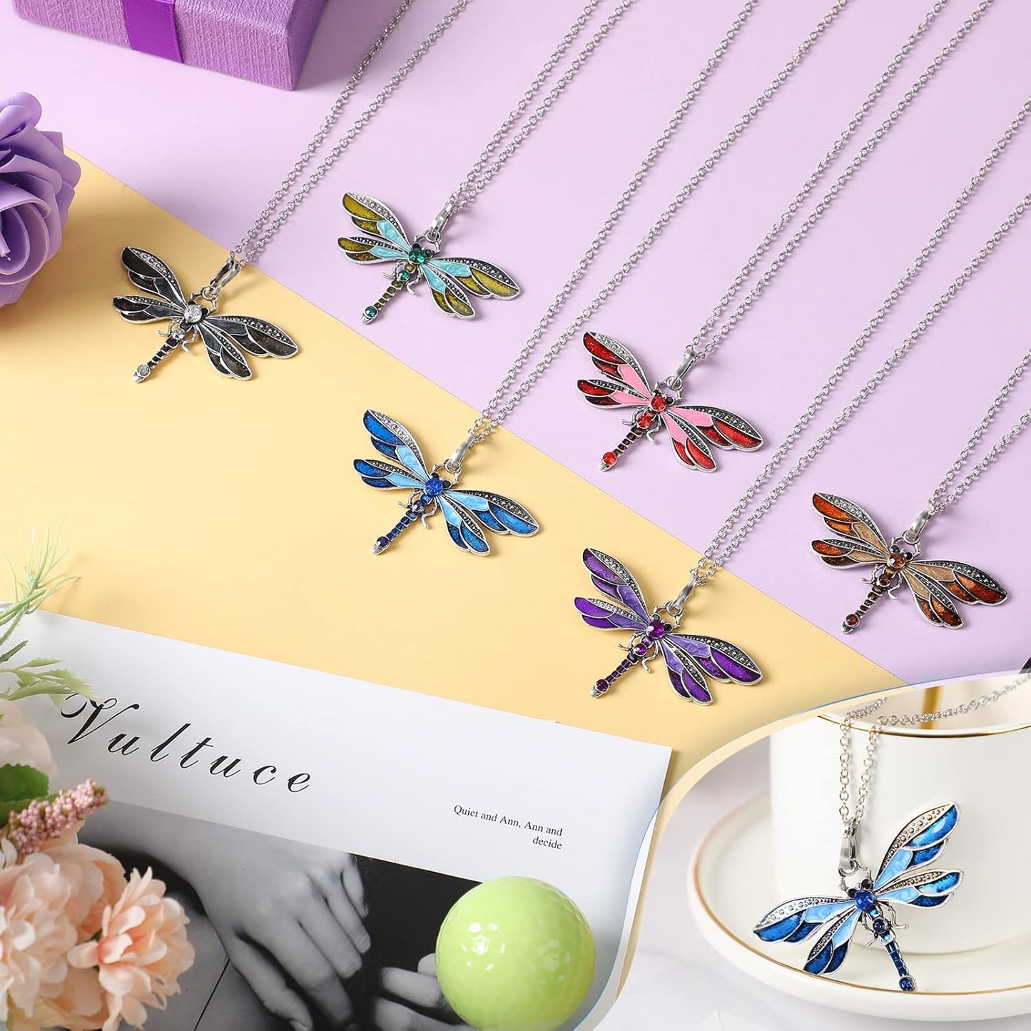 Sureio 6 Pieces Bohemian Dragonfly Necklace Bulk Bohemian Jewelry for Women Pendant Colorful Butterfly Necklace Vintage Multilayer Ethnic (Dragonfly)