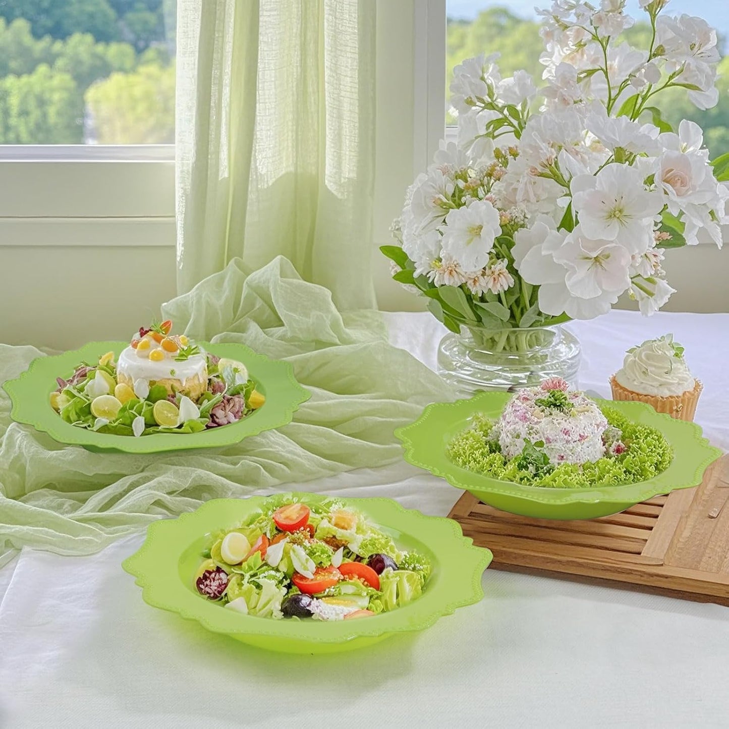 COLOSUS 60 Pack Lime Green White Plastic Bowls, 12 oz Disposable Soup Bowls, Premium Plastic Dinner Bowls,Heavy-duty Dessert Salad Bowl for Party, Wedding, Dinner, Christmas,Thanksgiving