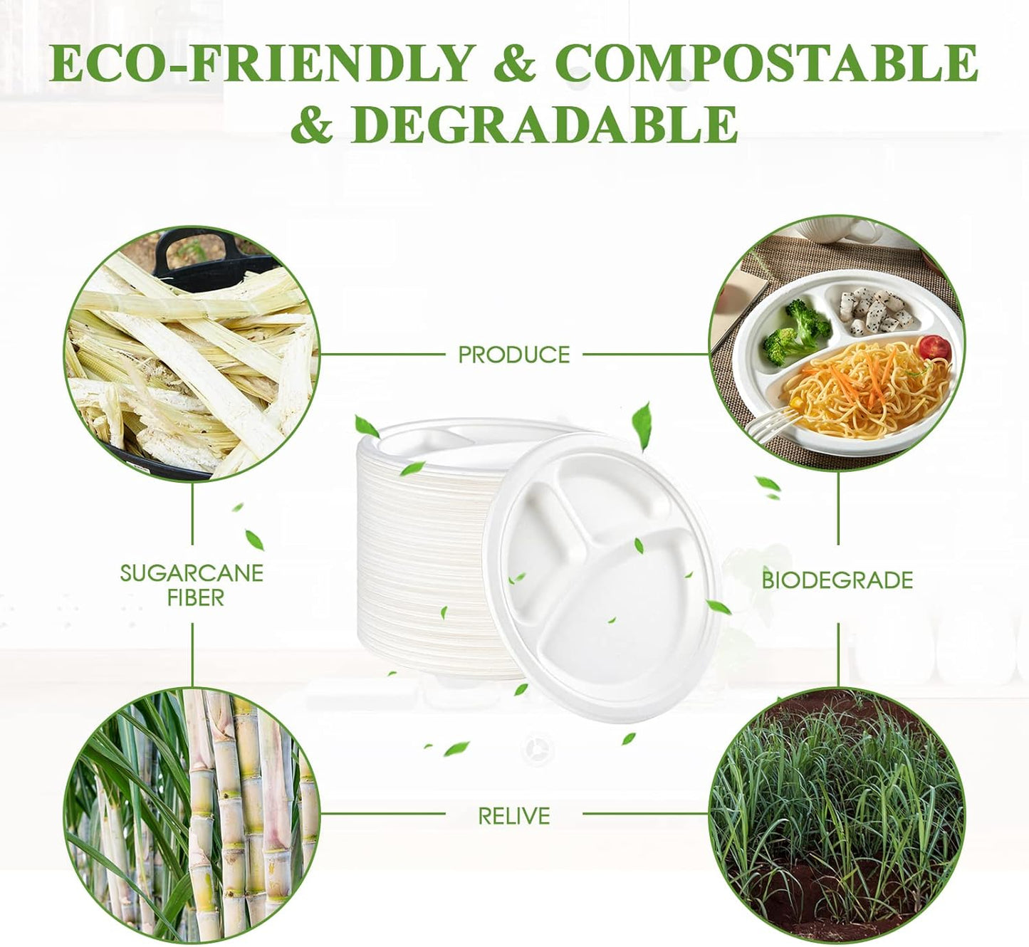 Vplus 100% Compostable Paper Plates, 600 Pack 9 Inch 3 Compartment Plates Disposable, Heavy Duty Biodegradable, Made of Sugar Cane Fibers, for Daily meals, Dinner, Parties, BBQ