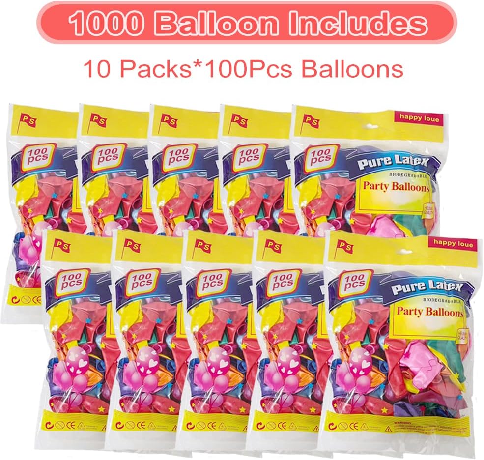 1000 Pcs Balloons Assorted Color, 10 Inch - 12 Rainbow Color Latex Party Balloons for Birthday Baby Shower Wedding Party Supplies Arch Garland (Multicolor, 1000 pcs)