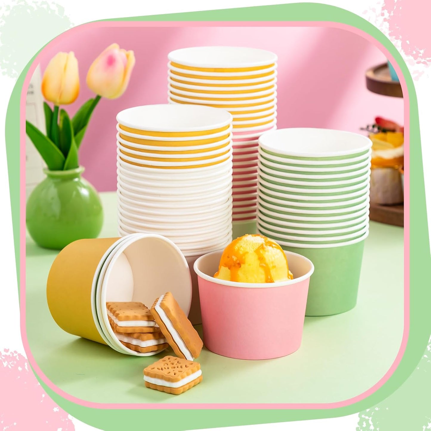 Paper Ice Cream Cups 9oz Colored Disposable Dessert Bowls for Hot or Cold Food Party Cups for Birthday Baby Shower Easter Party Supplies(Pink and Sage Green,60 Pcs)