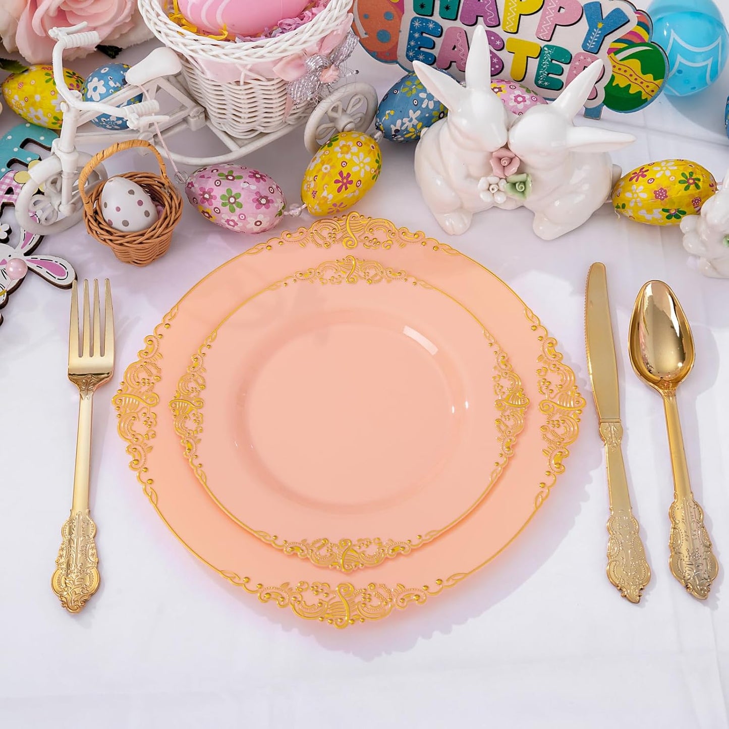125PCS Peachy Pink Plastic Plates - Elegant Pink and Gold Dinnerware Set - Heavy Duty Disposable Plates with Gold Silverware Sets for 25 Guests for Wedding & Party & Bridal Shower