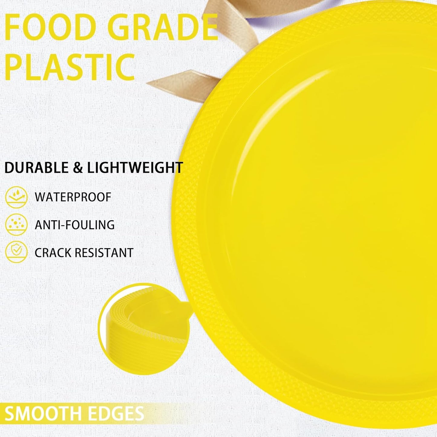 WELLIFE Yellow Plastic Party Plates 10 Inch -150 Count, Disposable Plastic Dinner Plates for Easter Spring Parties Mother's Day Picnic BBQ