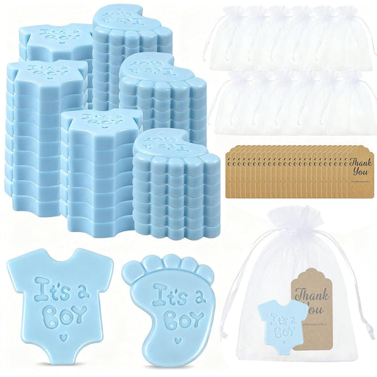 50 Sets Baby Shower Soap Favors Baby Feet&Shirt Handmade Soaps with Thank You Tags and Organza Bags for Guests Gift Shower Party Favors(Blue)