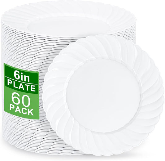 U-QE 60 Pieces White-Plastic-Plates for Party - White Disposable Plates 6 Inch - Salad/Dessert Plates Disposable Heavy Duty for Birthdays, Celebrations, Wedding and Events