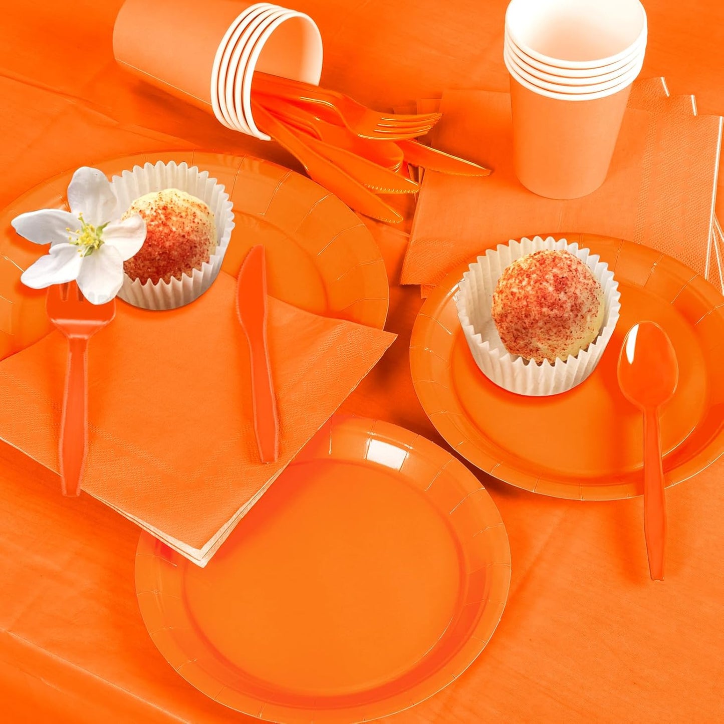 TWOWYHI 229PCS Orange Party Supplies Set Paper Disposable Plates Cups Plastic Spoons Forks Knives Orange Napkins for 30 Guests Disposable Party Dinnerware Sets for Wedding Birthday Parties