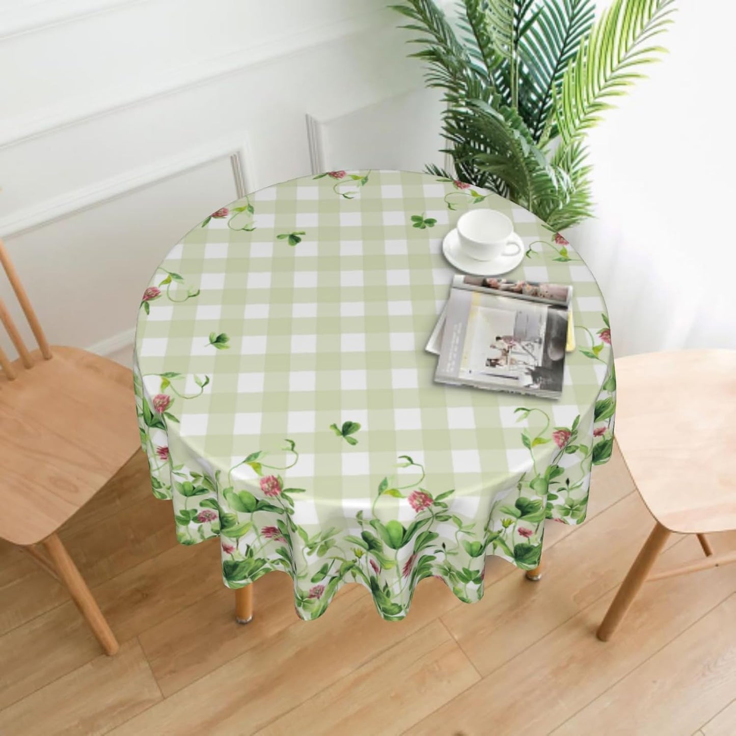 Giwawa St Patricks Floral Tablecloth Round 60Inch Watercolor Clover Shamrock Flowers Table Cover with Green Buffalo Plaids Decorative Washable Table Cloth for Kitchen Dining Holiday Party