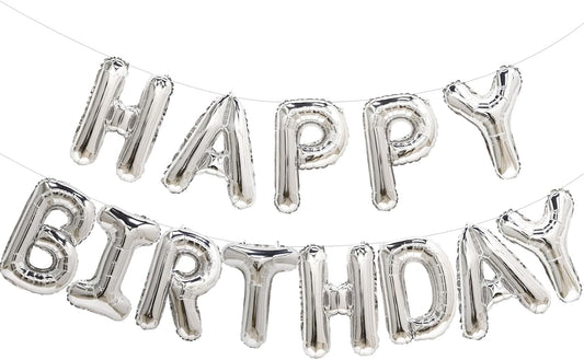 Silver Happy Birthday Balloon Banner, 16 Inch Foil Mylar Happy Birthday Balloons Letters, Reusable Happy Birthday Sign, Silver Birthday Decorations for Women, Men, Boys and Girls