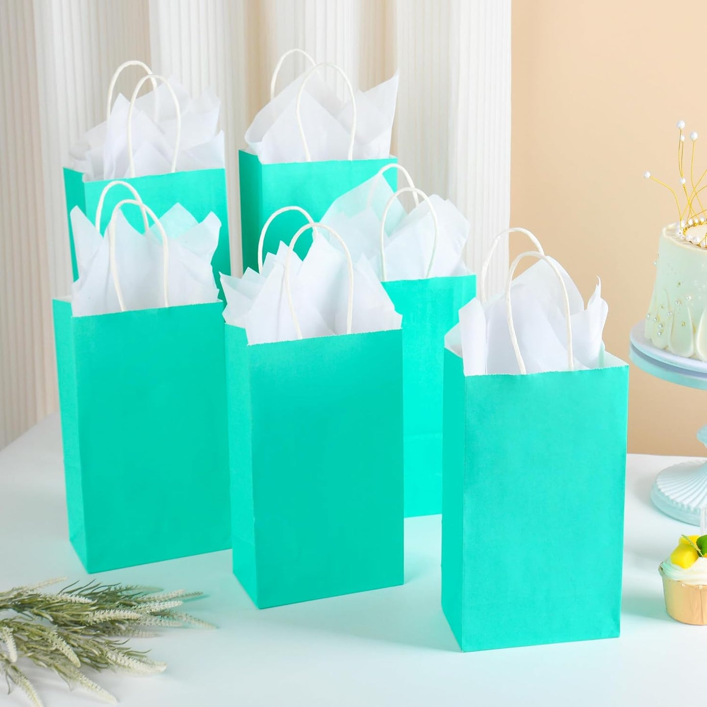 DjinnGlory 24 Pack Small-Sized Teal Paper Bags 9x5.5x3.15 Inches with 24 White Tissue Paper, Aqua Blue Bags with Handles for Wedding Bridal Shower Birthday Party Favors Goodies, Christmas Gifts