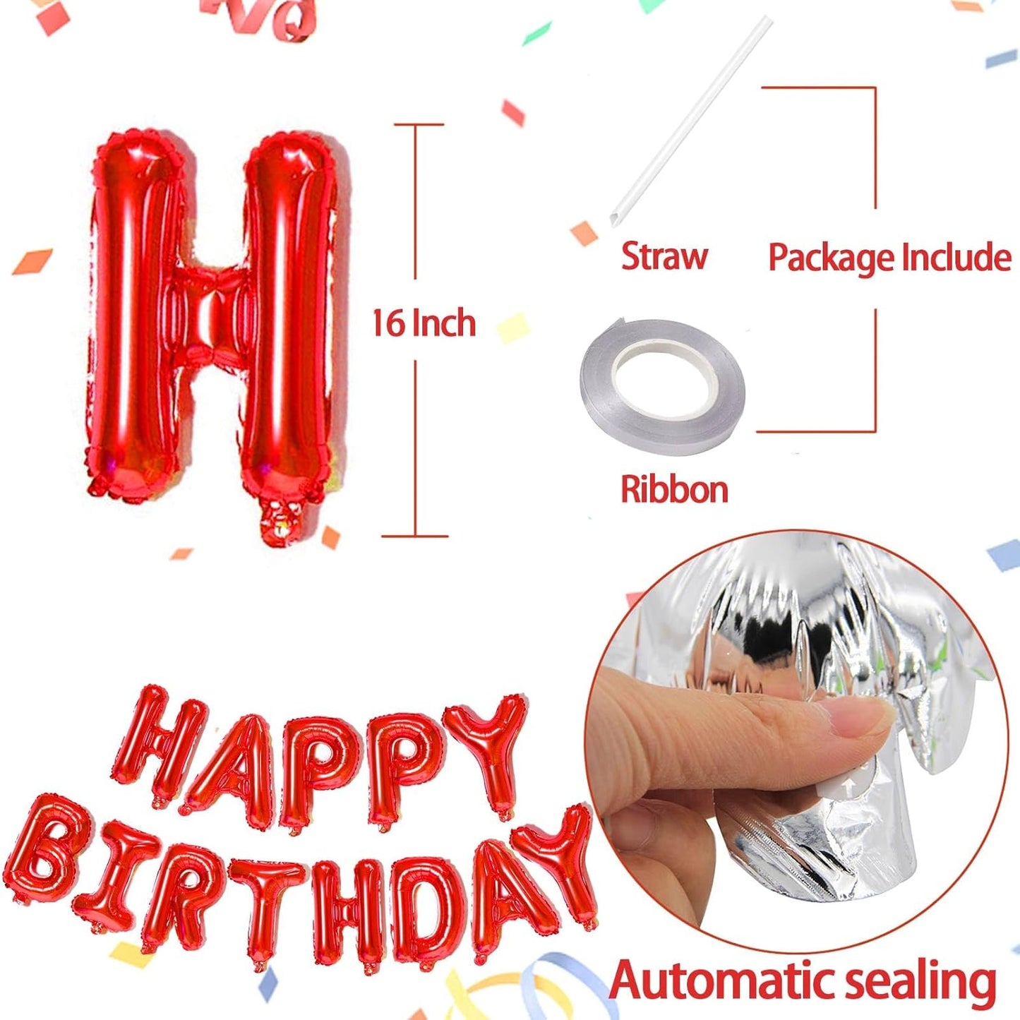 KALOR Red Happy Birthday Balloons Banner,16 Inch Mylar Foil Letters Sign Banner for Women & Girls Birthday Decorations for Photo Backdrop