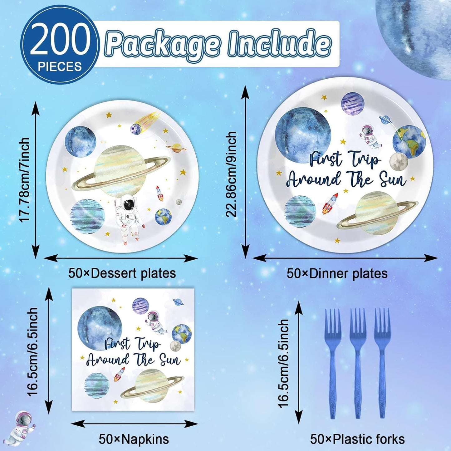 ZOIIWA 200 PCS First Trip Around the Sun Birthday Tableware Disposable 1st Space Party Supplies Outer Space Birthday Party Paper Plates Napkins Forks Baby Shower Decoration Serve 50 guest