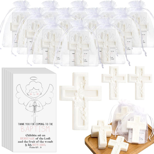 80 Pack Baptism Favors for Guests Cross Soap Baby Shower Scented Soap Favors with Greeting Cards Organza Bag Christening Communion Baptism Party Gift for Guests Party Gender Reveal