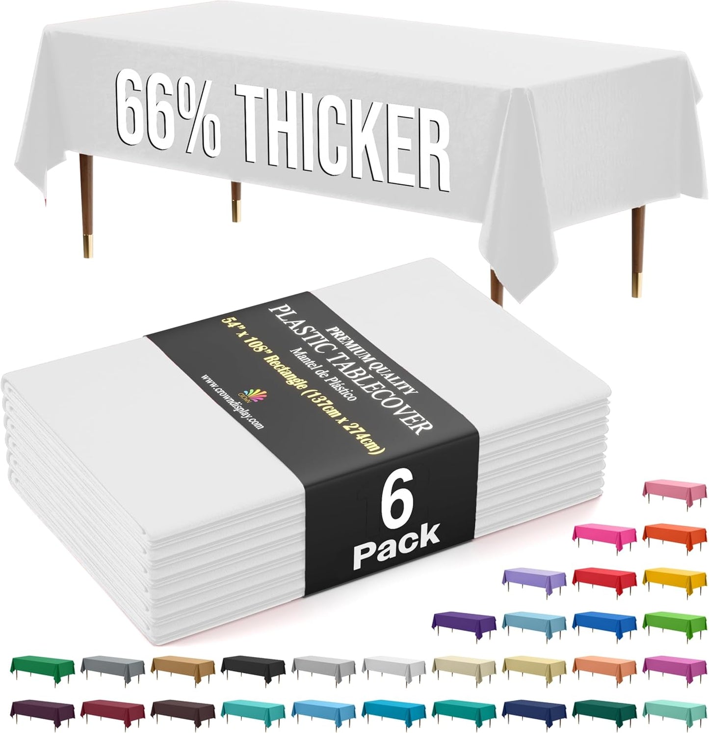 Party Solids 66% Thicker Premium Plastic Table Cloth Rectangle Table Cover 0.5 Mil 6 Pack White Table Cloth 54 Inch x 108 Inch Disposable Tablecloth Won't Tear Easily Like Cheap Thin Brands