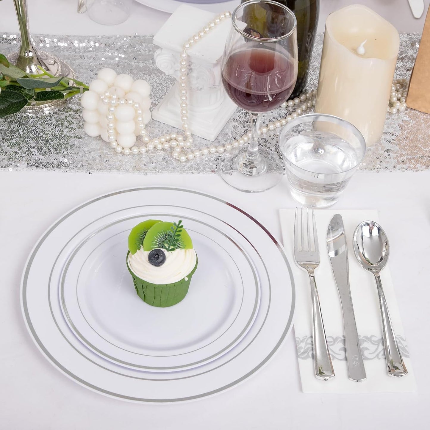 I00000 350Pcs Silver Plastic Dinnerware Set, Plastic Plates Disposable for 50 Guests Include: 100 Silver Rim Plates, 50 Paper Napkins, 50 Cups, 50 Plastic Silverware Set Perfect for Party & Wedding