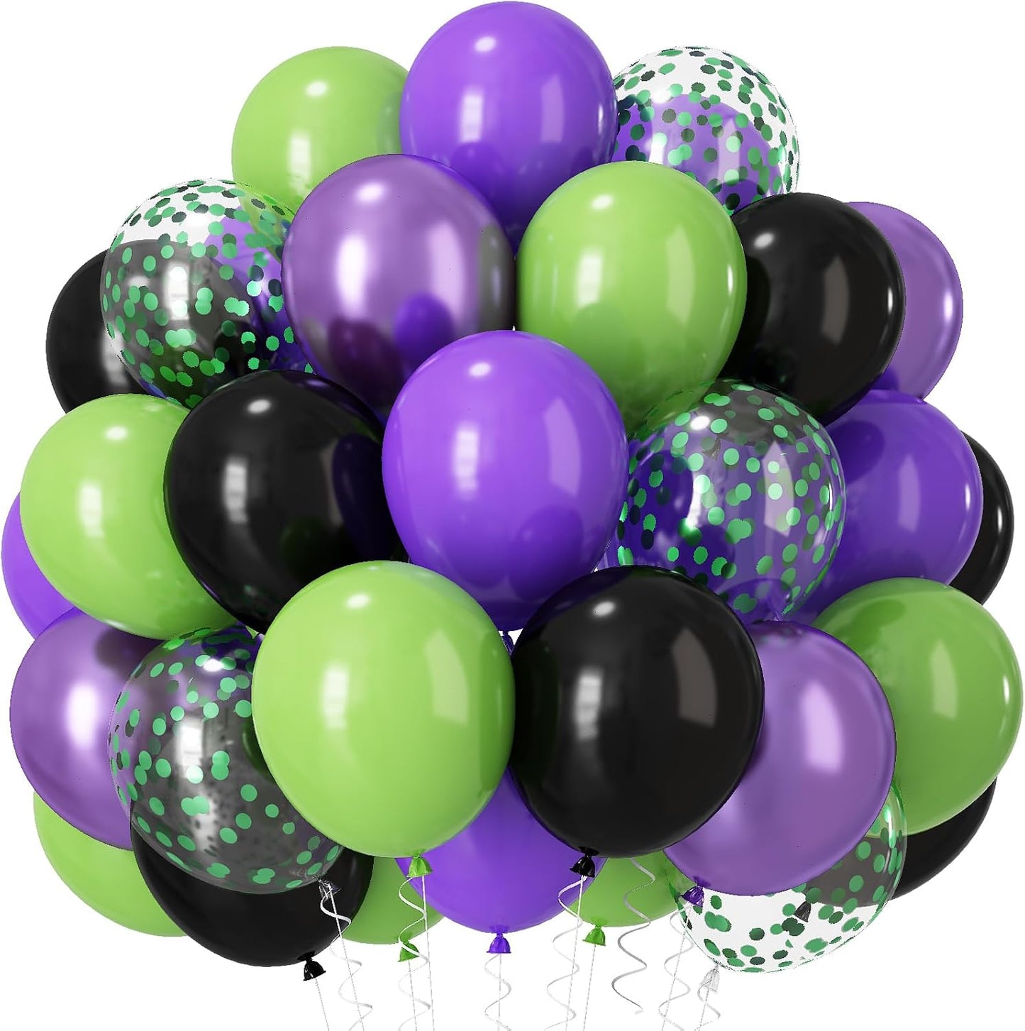 Purple and Green Balloons, 12 Inch Lime Neon Green Metallic Purple Black Confetti Latex Party Balloons for Boys Halloween Hero Monster Truck Racing Car Theme Baby Shower Birthday Party Decorations