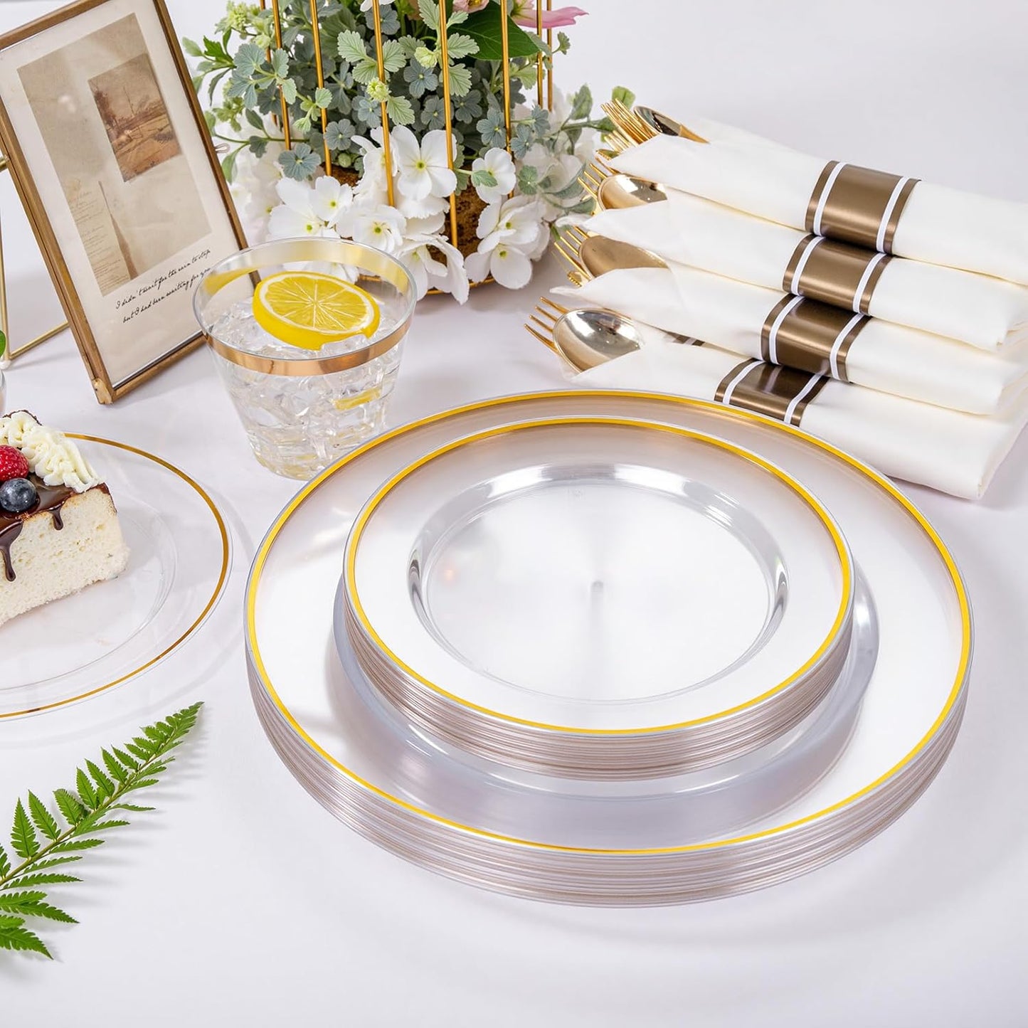 SUT 175 Pcs Gold and Clear Plastic Dinnerware Set for 25 Guests, Include: 25 Dinner Plates, 25 Dessert Plates, 25 Pre Rolled Napkins With Silverware, 25 Cups, Disposable Plates for Party, Wedding
