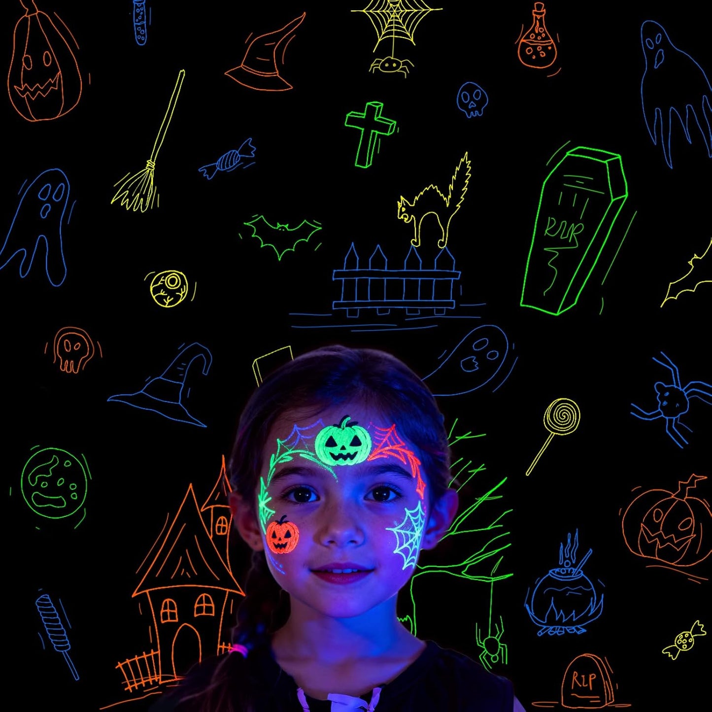 Mega-L Glow In The Dark Party Supplies, Neon Halloween DIY party decorations with 4 fluorescent colored pens, Let’s Glow Photography Background Birthday Graffiti Black Light Photo Booth (5.2x5.9 feet)