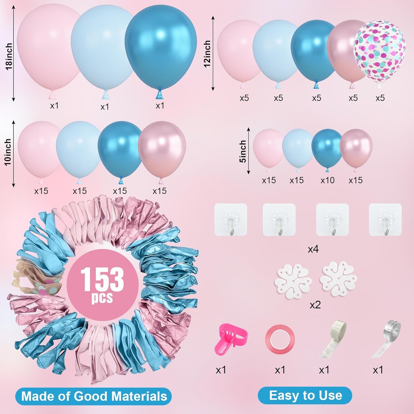 Amandir 153pcs Pink Blue Balloon Garland Arch Kit, Different Sizes 18 12 10 5 inch Metallic Pink Blue Latex Confetti Balloons for Boy Girl Gender Reveal Neutral Baby Shower Birthday Party Decoration