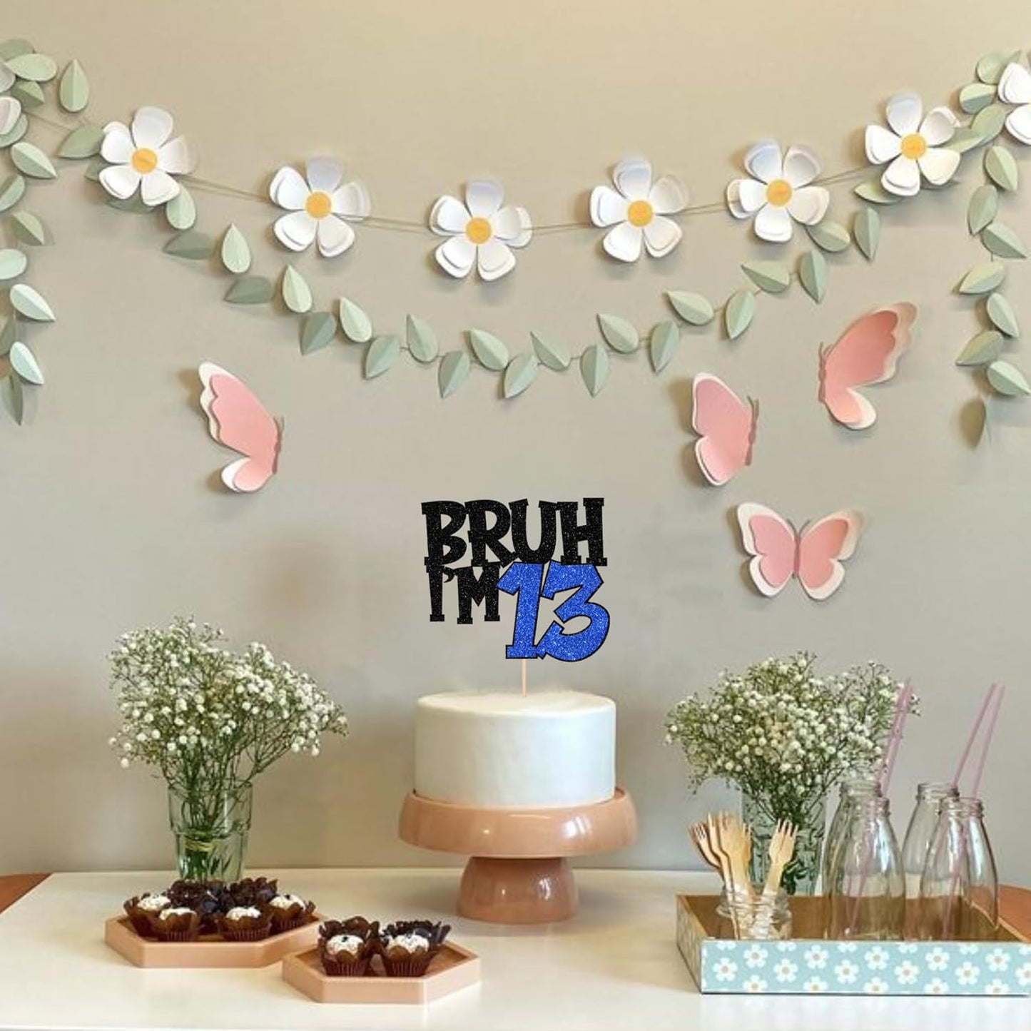 1 PCS Bruh I'm 13 Cake Topper Glitter Happy 13th Birthday Cake Pick Bro I'm 13 Cake Decoration It's My 13th Birthday Decorations for Cheers to 13 Years Old Birthday Anniversary Party Supplies Blue