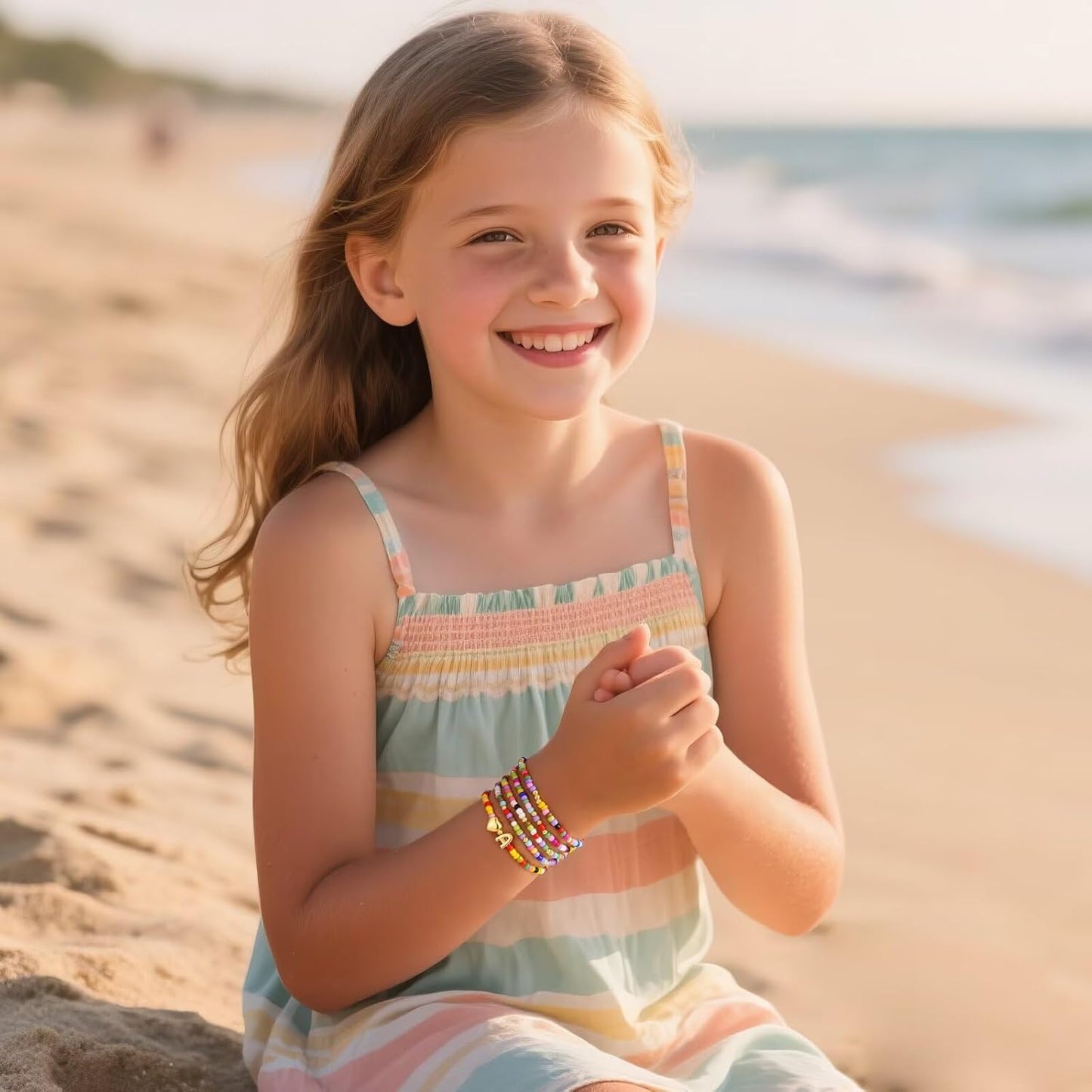 M MOOHAM Stocking Stuffers for Kids Girls Teen - 5PCS Colorful Beaded Initial Bracelets for Women Girls, Cute Stretch Heart Letter Bohemian Stackable Bracelet Birthday Gifts Jewelry for Kids Teen Girl