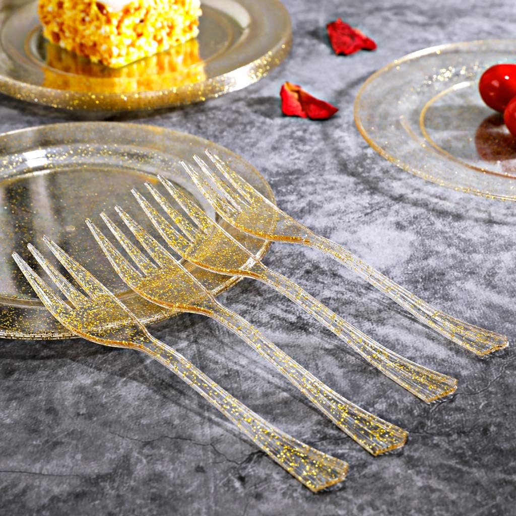 WELLIFE 120 Guests Gold Glitter Plastic Plates and Dessert Forks, 6.5 inch Disposable Dessert Plates, Durable Plastic Small Forks, Perfect for Catering, Parties &Weddings, regular