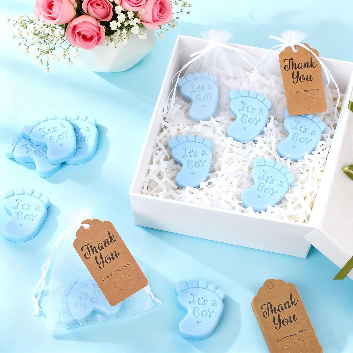 50 Sets Baby Shower Soap Favors Baby Feet&Shirt Handmade Soaps with Thank You Tags and Organza Bags for Guests Gift Shower Party Favors(Blue)
