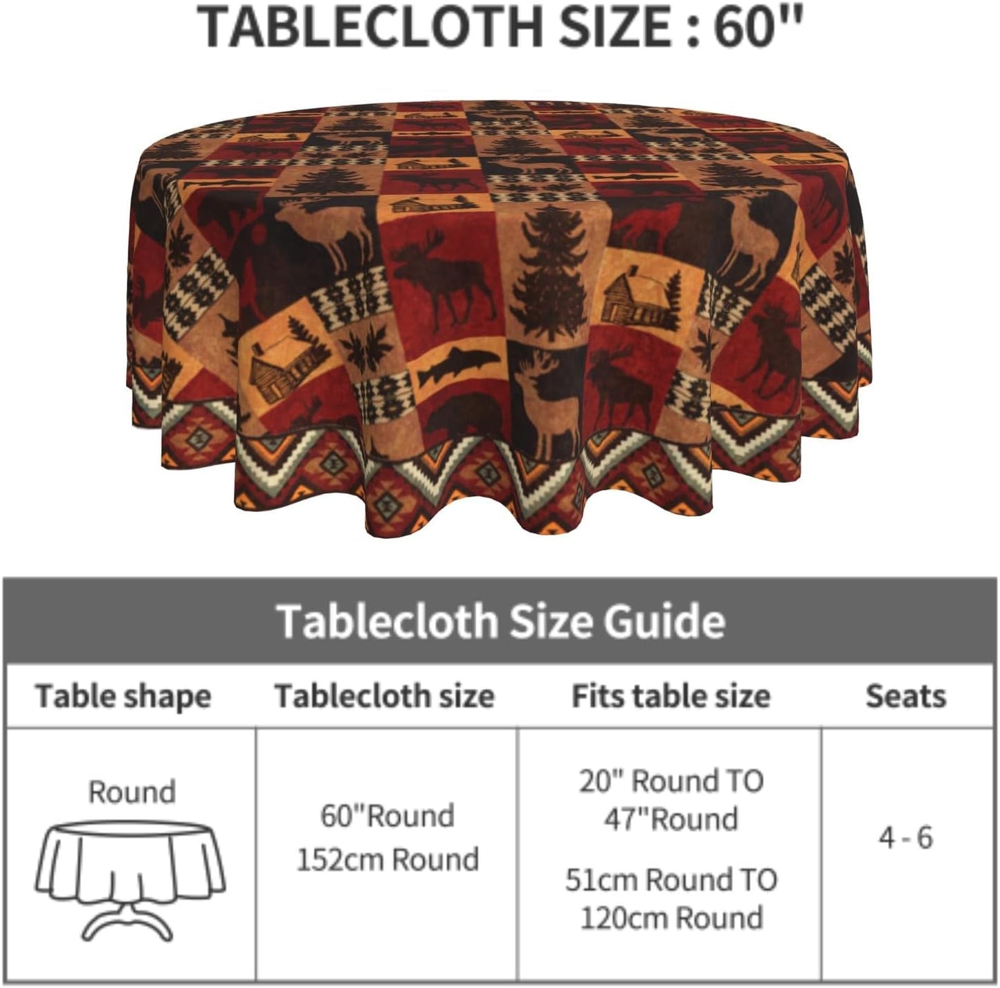 Giwawa Bear Deer Tablecloth Round 60" Rustic Vintage Wildlife Elk Moose Cabin Lodge Forest Animal Tree Farmhouse Country Style Circular Table Cloth Cover for Dining Kitchen Party Picnic Decor