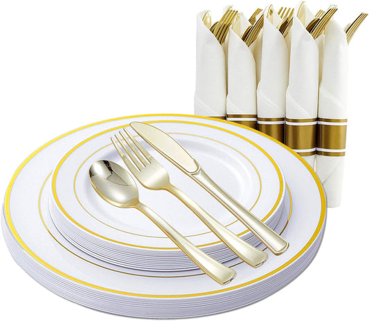 Gold Plastic Plates and Disposable Silverware w/Per-Rolled Napkins,Home Parties Heavy Duty Dinnerware incl Dinner Plates,Linen Like Napkin, Cutlery(72 pcs,12 Guests)