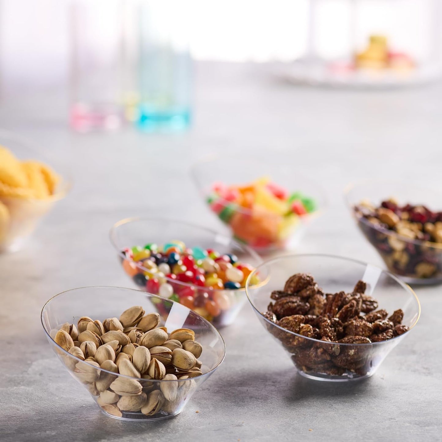 PLASTICPRO Angled Plastic Bowls Disposable Small Plastic Clear Serving Bowls with Gold Rim for Party for Appetizer Salads Pack of 8