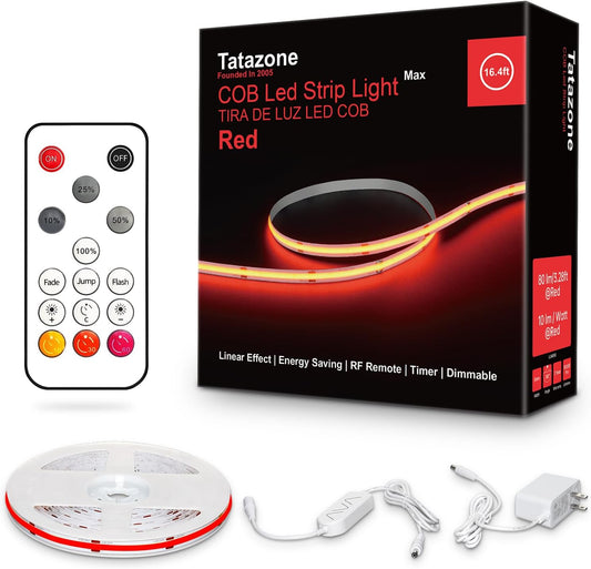16.4ft Red COB Led Strip Lights with RF Remote, Dimmable Bright Dotless Adhesive Indoor Led COB Light Strip for Cabinet, Painting, Room, Bed