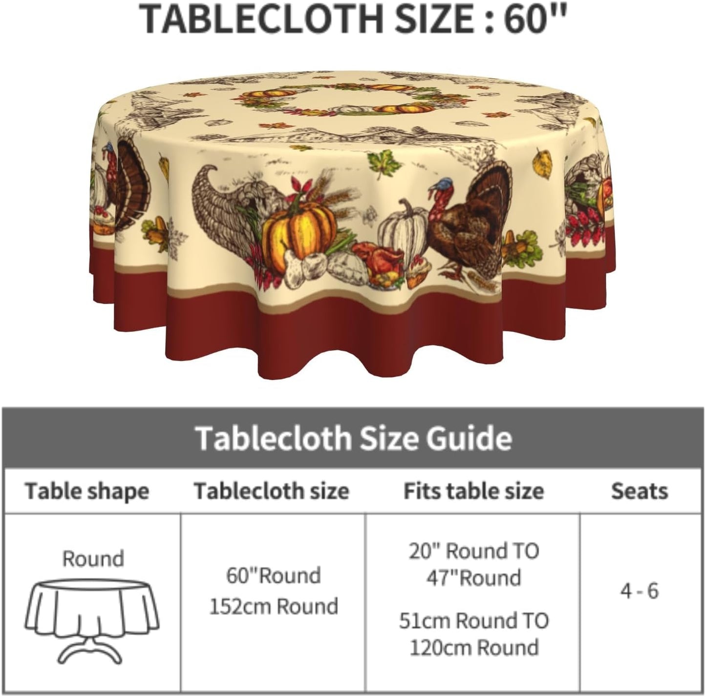 Giwawa Thanksgiving Round Tablecloth Rustic Fall Turkey Autumn Pumpkins Harvest Reusable Heat Resistant Waterproof Table Cloth Cover 60Inch for Kitchen Dining Holiday Farmhouse Decor