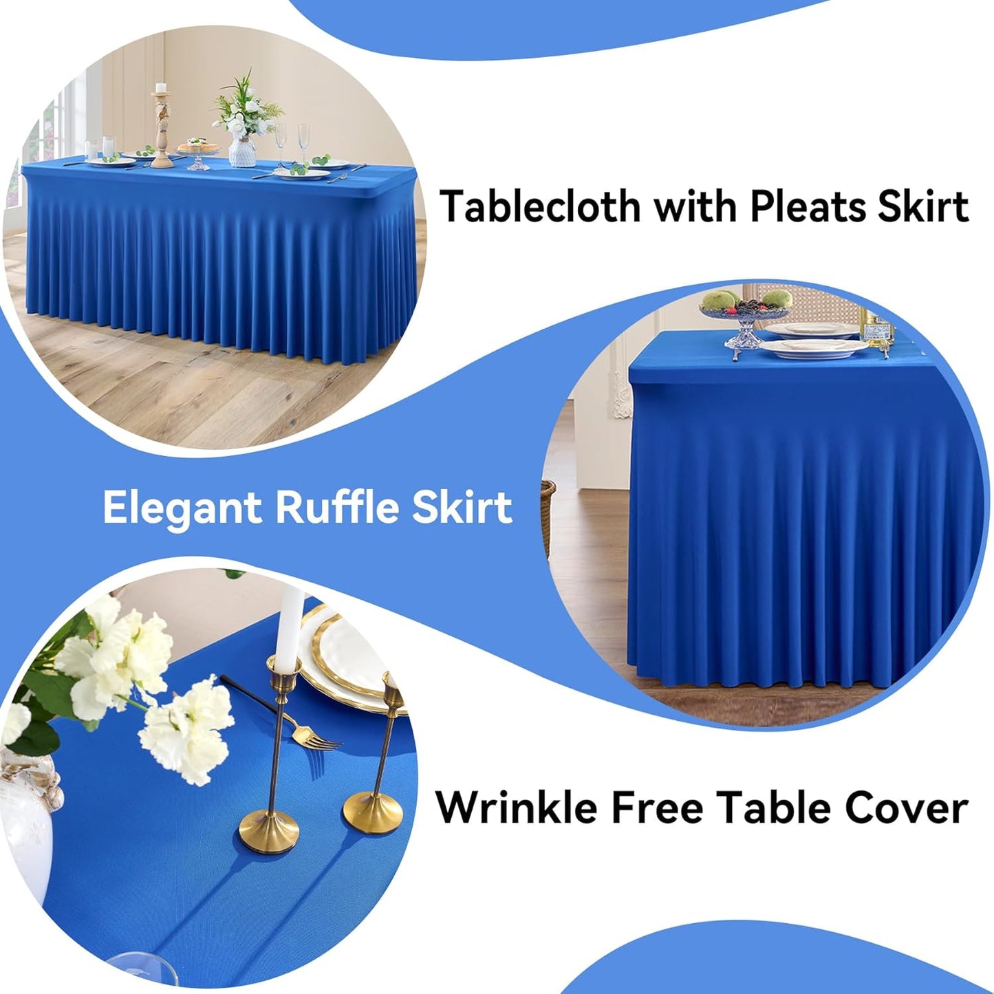2 pk Royal Blue Spandex Tablecloths 8ft with Ruffle Table Skirt, Wrinkle Free Stretchy Fitted Tablecloth for 8 Foot Rectangle Tables, Elastic Spandex Table Covers 8ft for Party Wedding Banquet