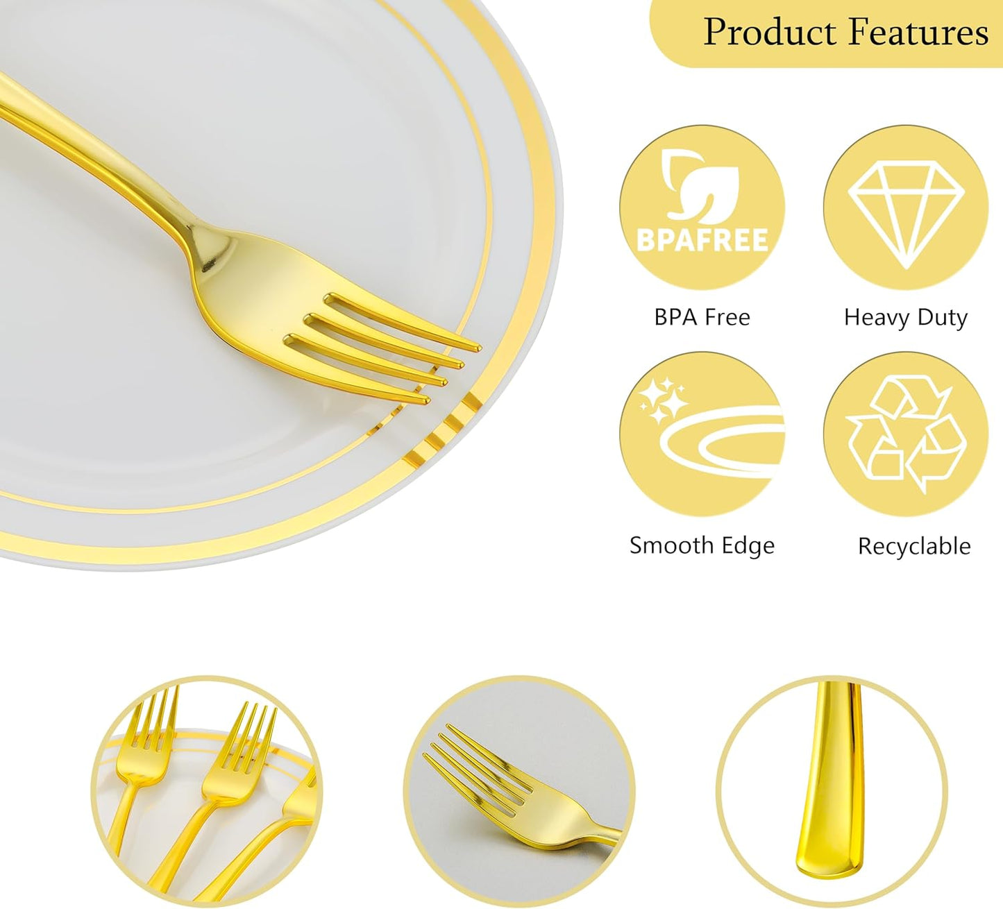 200pcs Gold Dessert Plates with Forks for 100 Guests-100pcs 7.5" Small Plastic Dessert Plates and 100pcs 7.4" Forks-Disposable Cake/Appetizer/Salad Plate for Wedding/Birthday/Party