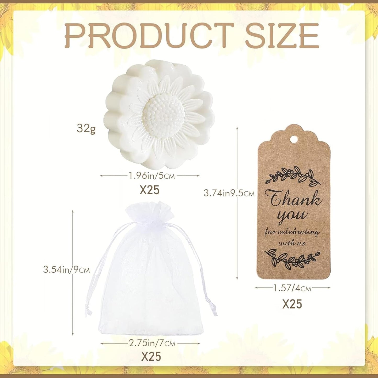 25 Set Sunflower Mini Soap for Wedding Party Favors Bridal Shower Favors Baby Shower Soap Guests Gifts Small Handmade with Drawstring Organza Bags and Thank You Cards(White)