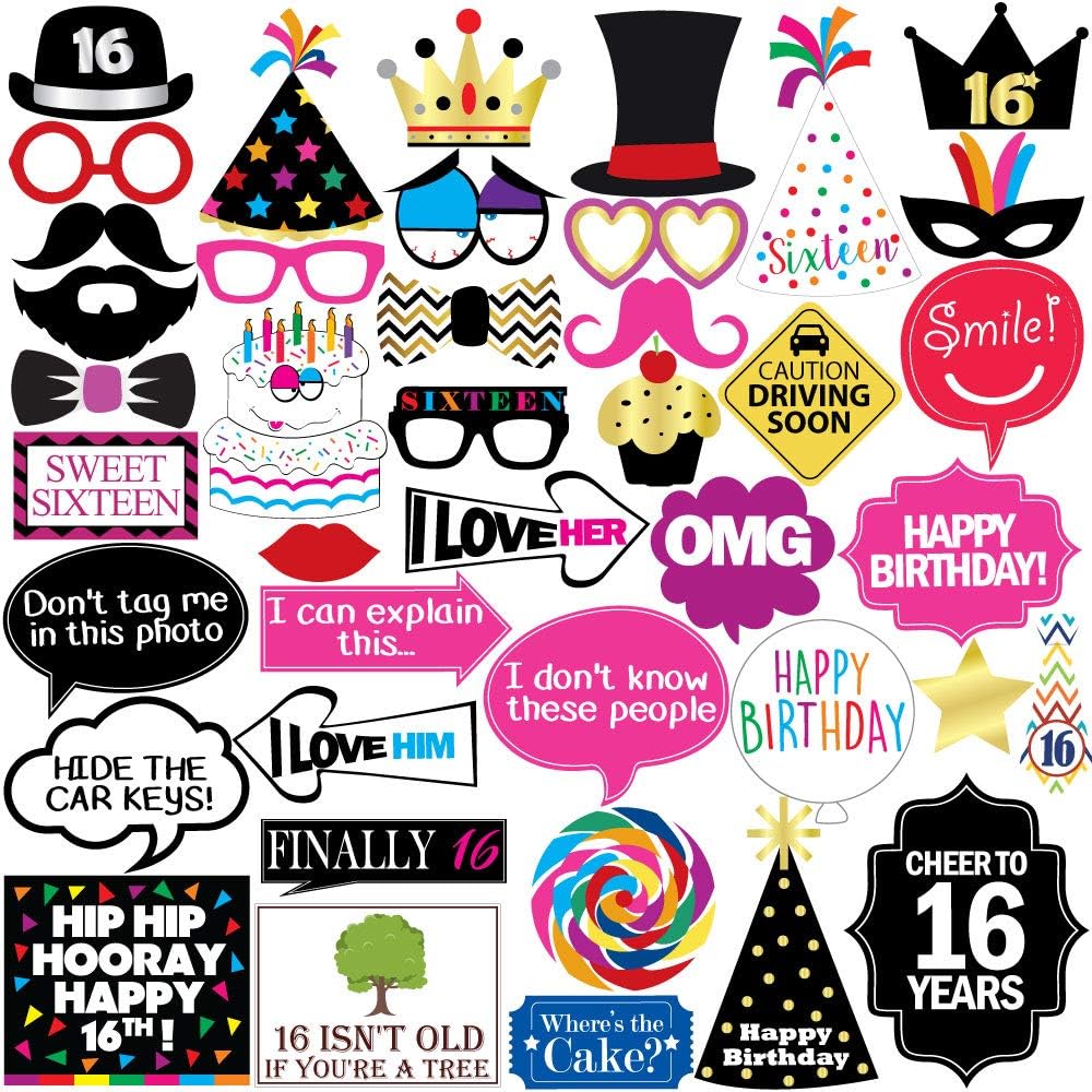 16th Sweet 16 Birthday Photo Booth Party Props - 40 Pieces - Funny 16th Birthday Party Supplies, Decorations and Favors