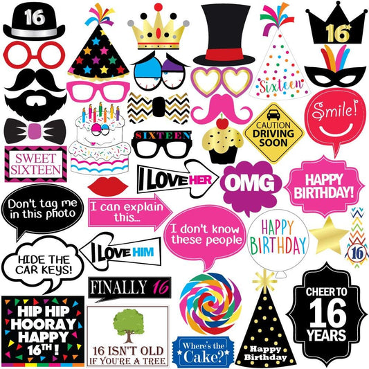 16th Sweet 16 Birthday Photo Booth Party Props - 40 Pieces - Funny 16th Birthday Party Supplies, Decorations and Favors