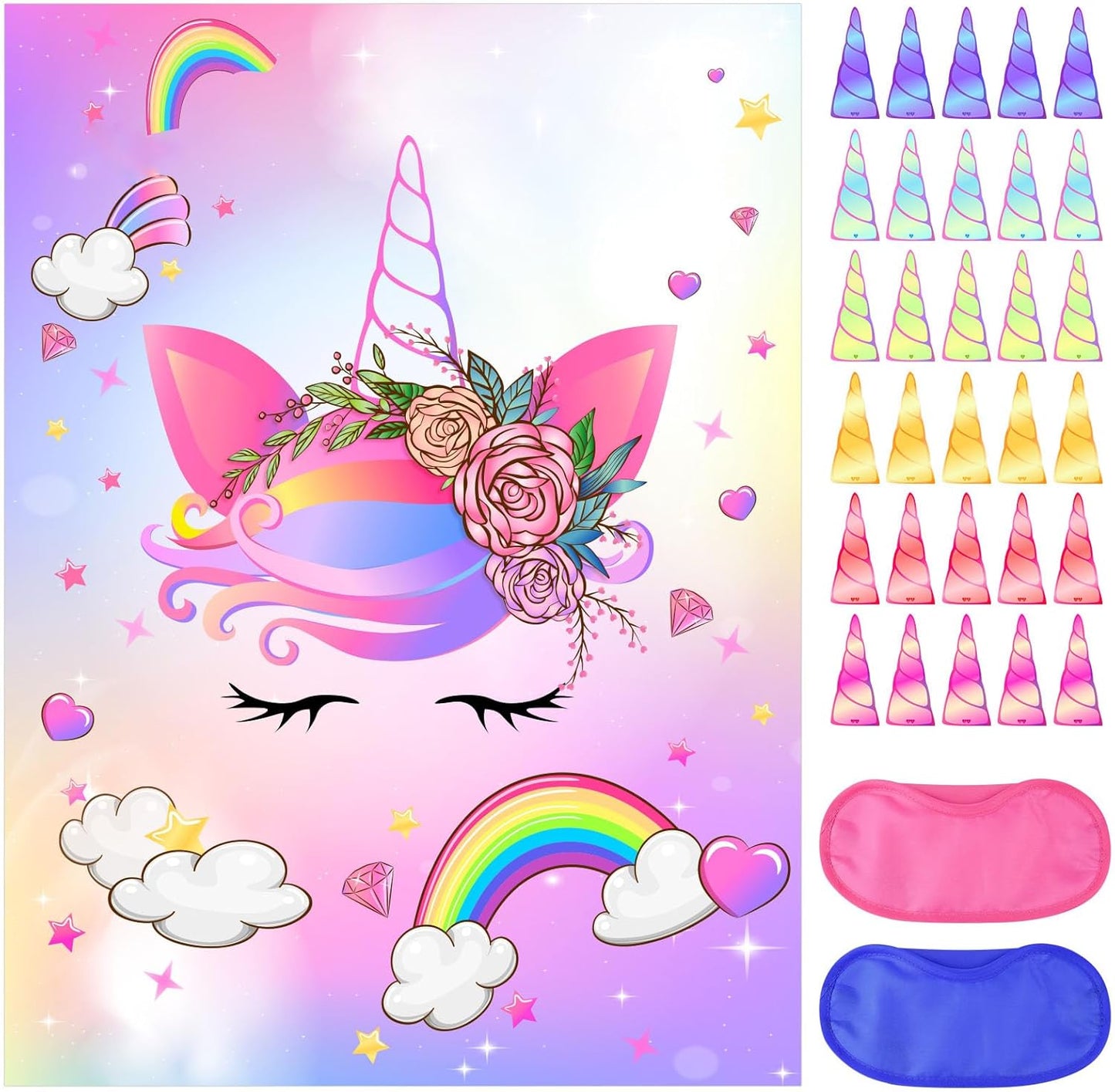 NEBURORA Pin The Horn on The Unicorn with 30 PCS Horns Birthday Party Supplies for Girls Birthday Christmas Party Game for Kids