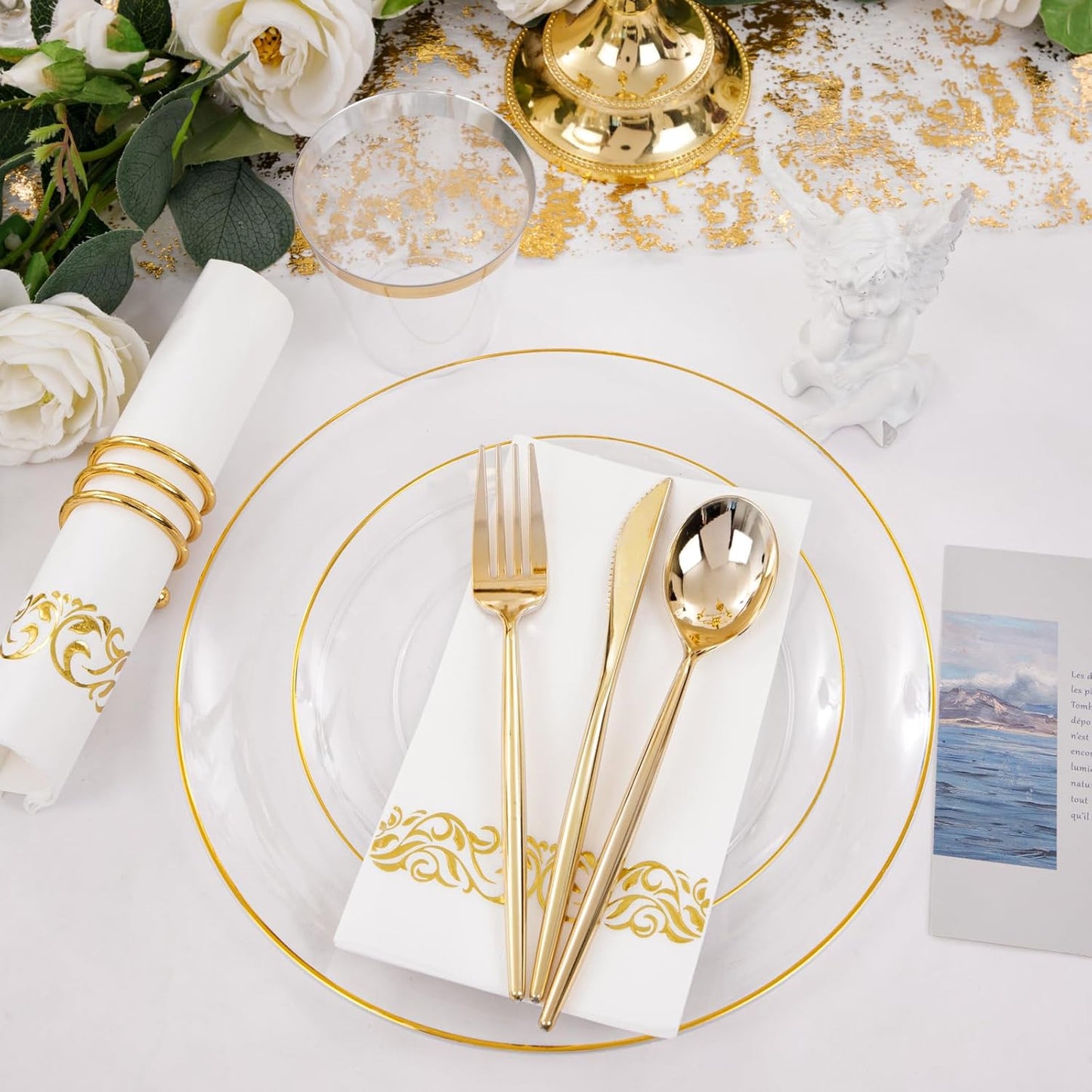 MirthMood 350Pcs Clear and Gold plates,Clear plates, Plastic Plates for Party Include 50 Dinner,50Dessert Plate,50 Cup&50 Napkins, 150 Gold Silverware for Wedding & Party & Birthday