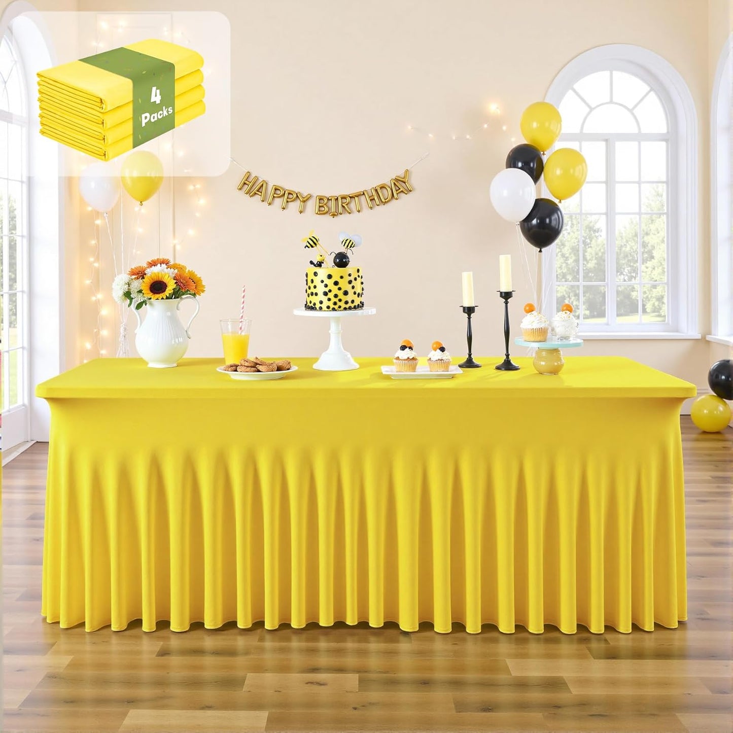 leegleri 4 Pack Yellow Spandex Table Clothes for 6 Foot Rectangle Tables, Wrinkle Free Fitted Table Cloth 6ft Stretch Tablecloths for Parties Weddings Birthday Banquet Baby Shower