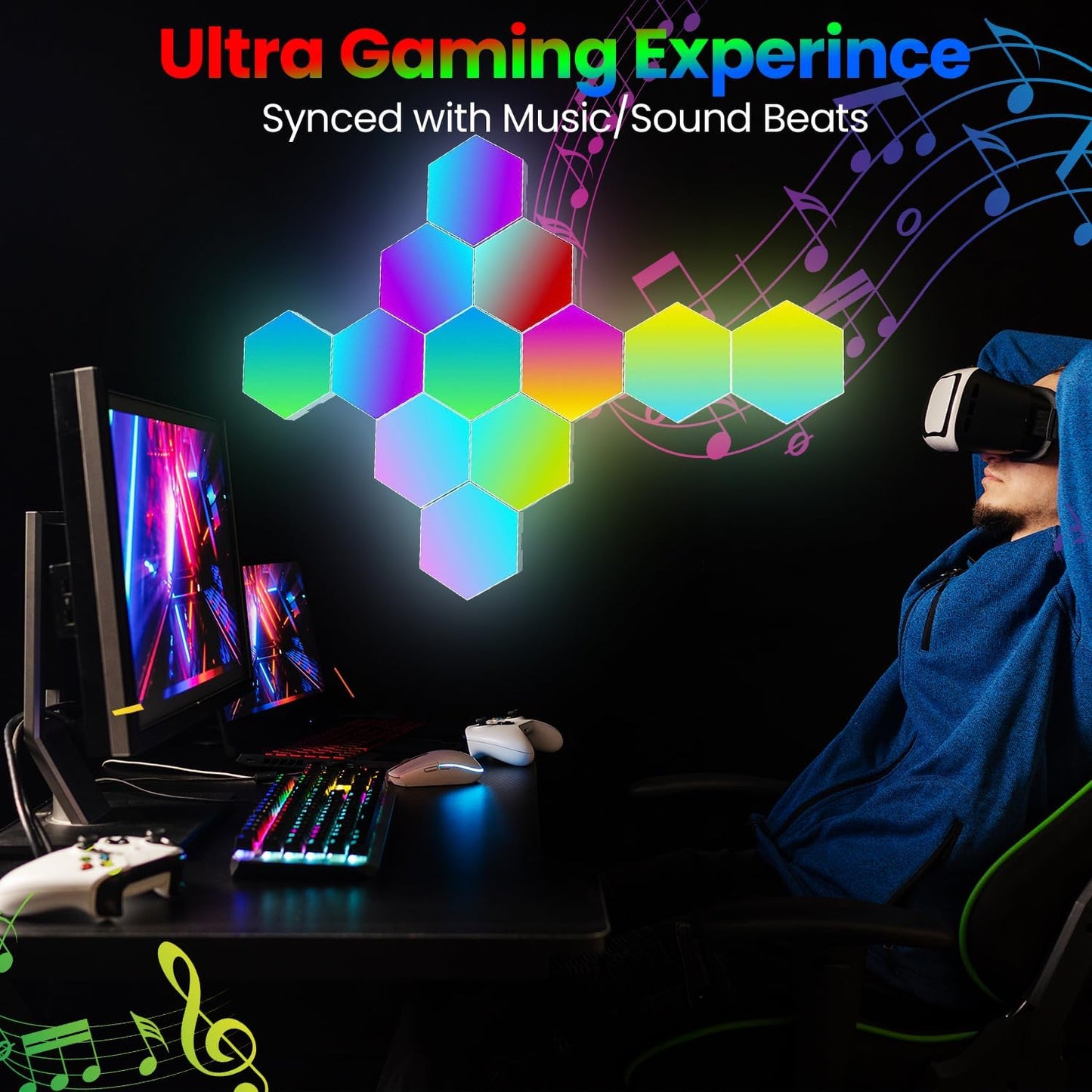8-Pack RGB Hexagon Led Lights - Wall Panels with APP & Remote Control, Cool Music Sync - Multicolor 8PCS for Gaming, Living & Bedroom