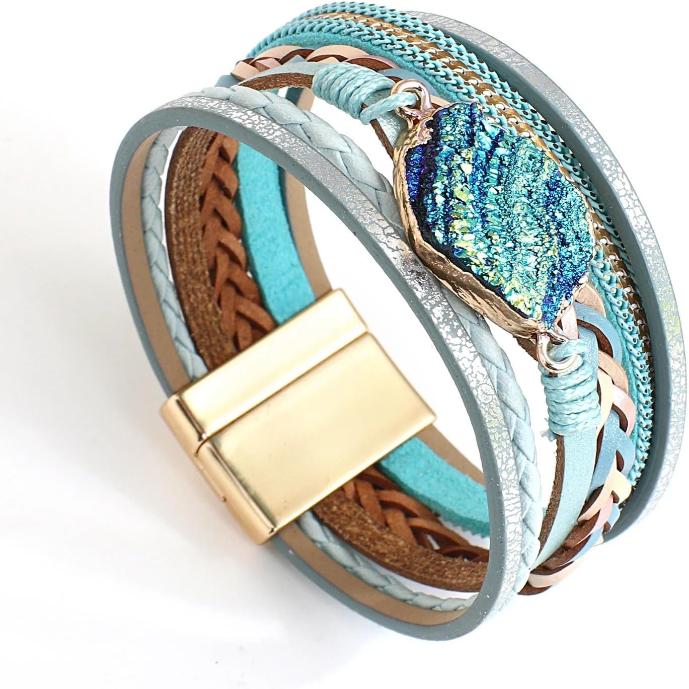 Fesciory Leopard Bracelet for Women, Boho Leather Wrap Multi-Layer Pearl Crystal Bracelet Bangle Jewelry