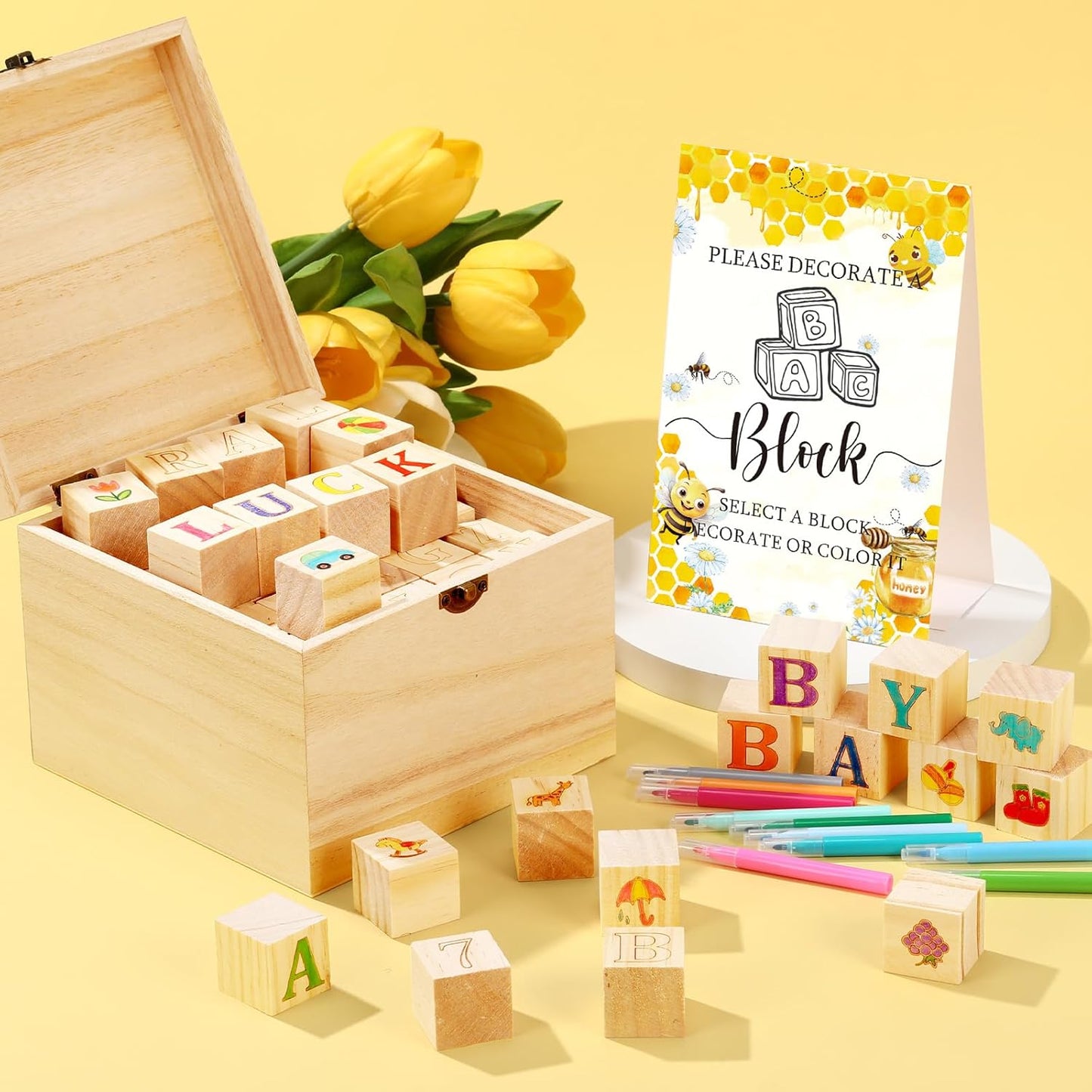Marsui 136 Pcs Baby Shower Blocks to Decorate Game Kit Includes 98 Wooden Blocks, 36 Markers, 1 Game Sign, 1 Storage Box for Baby Shower Gender Reveal Activity Party Decorations(Bee)
