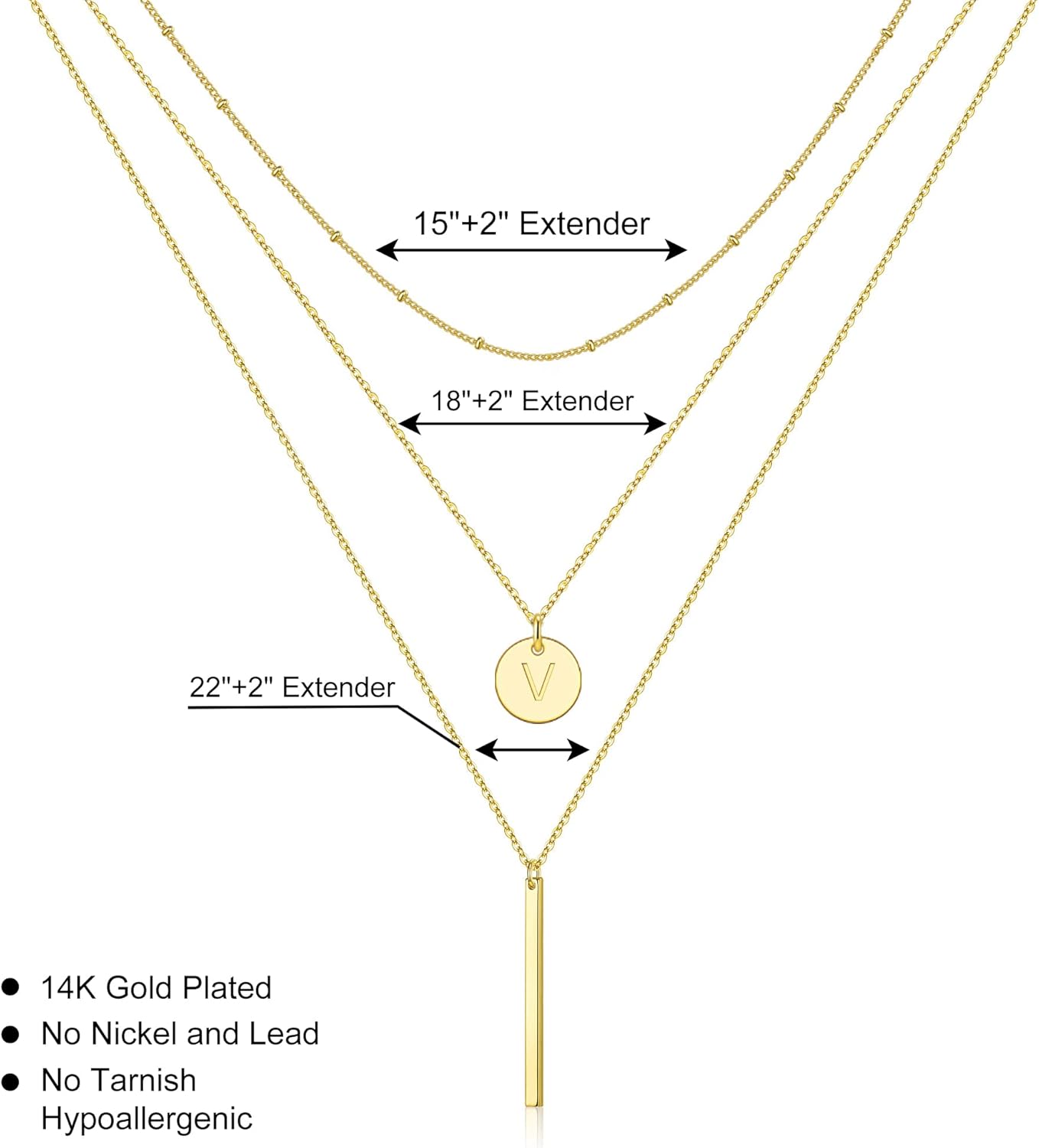 Initial Layered Necklaces for Women, 14K-Gold-Plated Coin Letter Necklace Bar Stacking Layer Necklace Multi Bar Layering Y-Necklaces Jewelry for Women