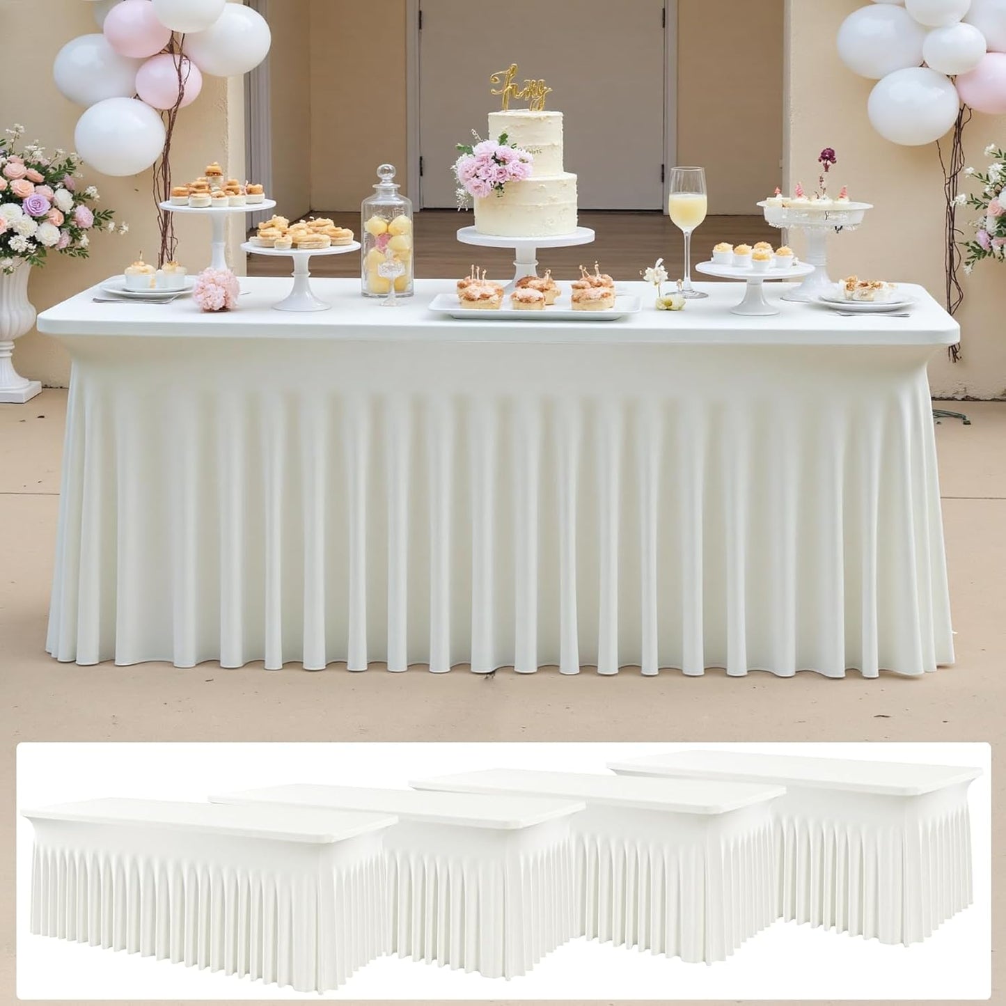 4 pk Ivory Spandex Tablecloth 6ft with Ruffle Skirts,Wrinkle Free High Stretch Cream Fitted Tablecloths for 6 Foot Rectangle Tables,Elastic Spandex Table Covers 6 ft for Parties Weddings Banquet