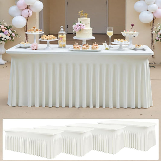 4 pk Ivory Spandex Tablecloth 6ft with Ruffle Skirts,Wrinkle Free High Stretch Cream Fitted Tablecloths for 6 Foot Rectangle Tables,Elastic Spandex Table Covers 6 ft for Parties Weddings Banquet